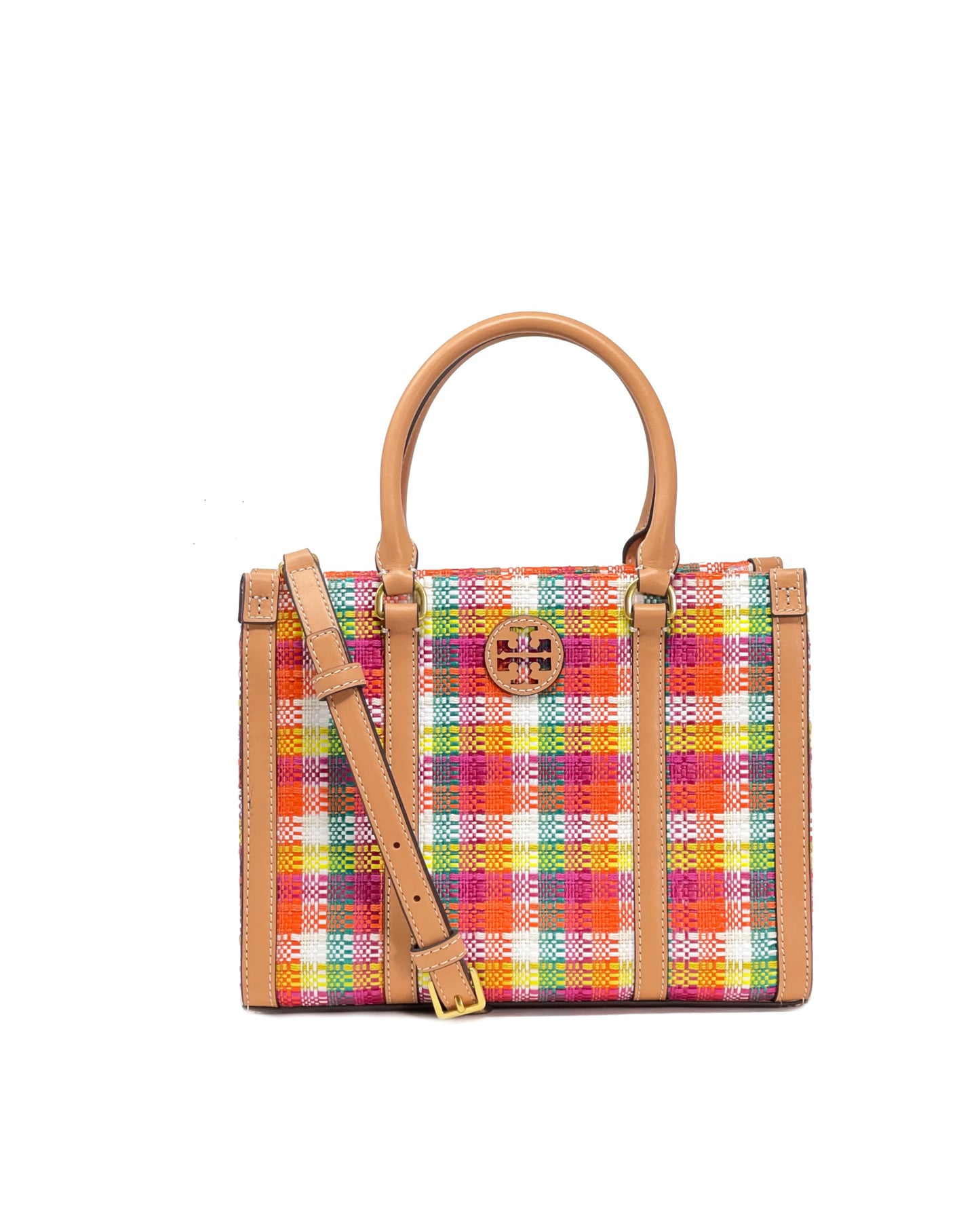 title:Tory Burch Poppy Red / Multi Blake Plaid Small Tote;color:Poppy Red / Multi