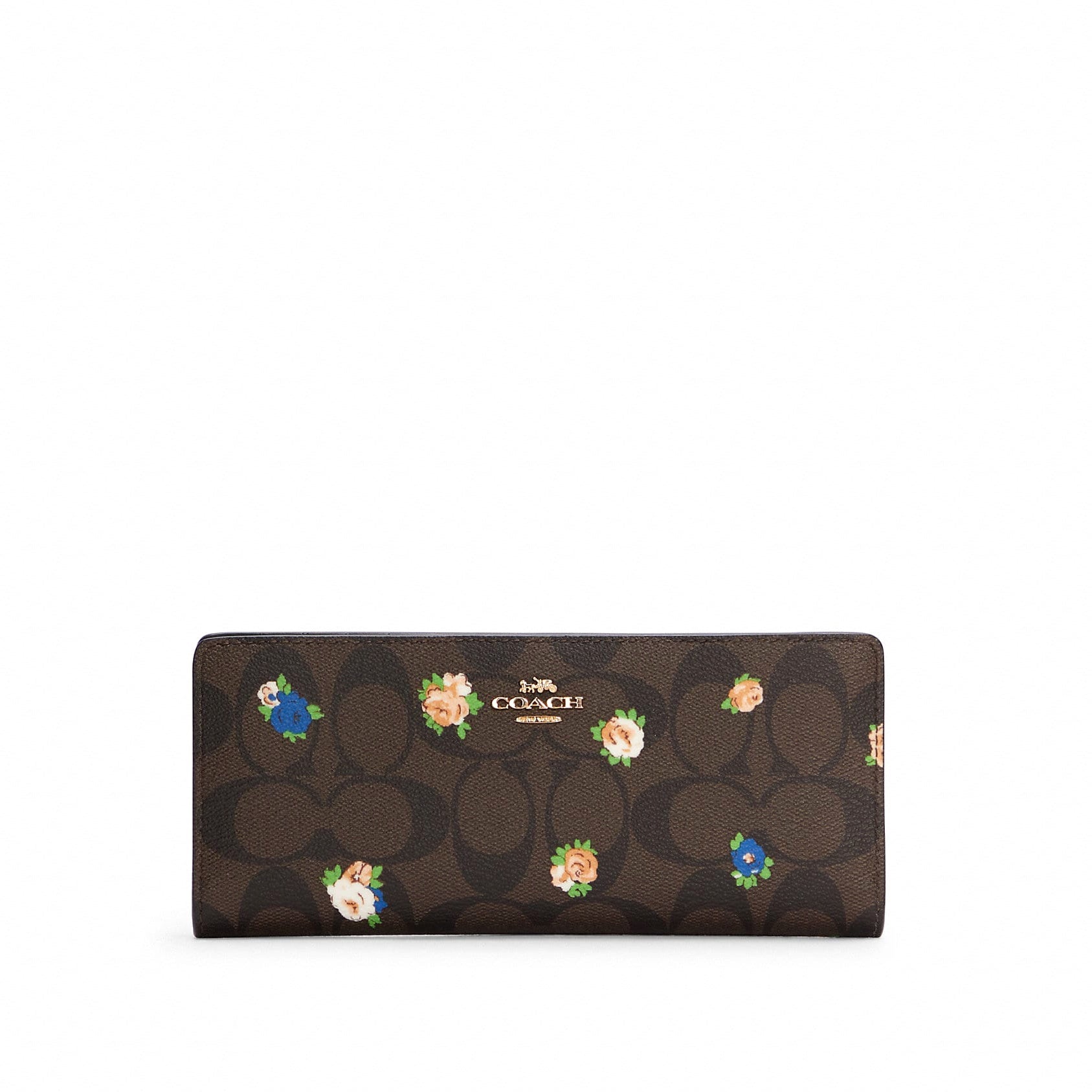 title:Coach Women's Slim Wallet In Signature Canvas With Vintage Mini Rose Print;color:Brown / Black Multi