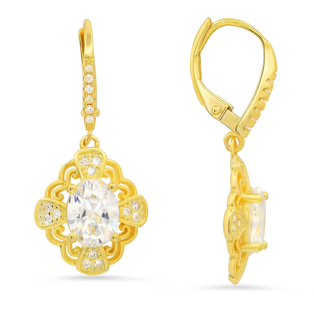 title:Sterling Silver Vintage Filigree CZ Leverback Earrings;color:Gold