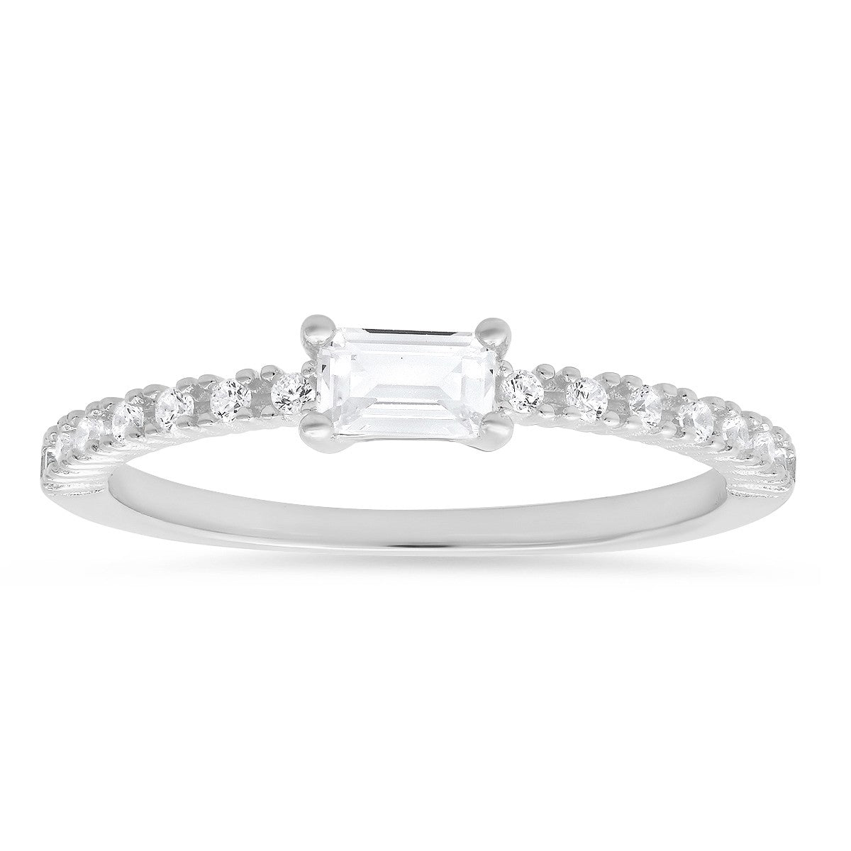 Sterling Silver East/West Baguette-cut CZ Ring - Ruumur