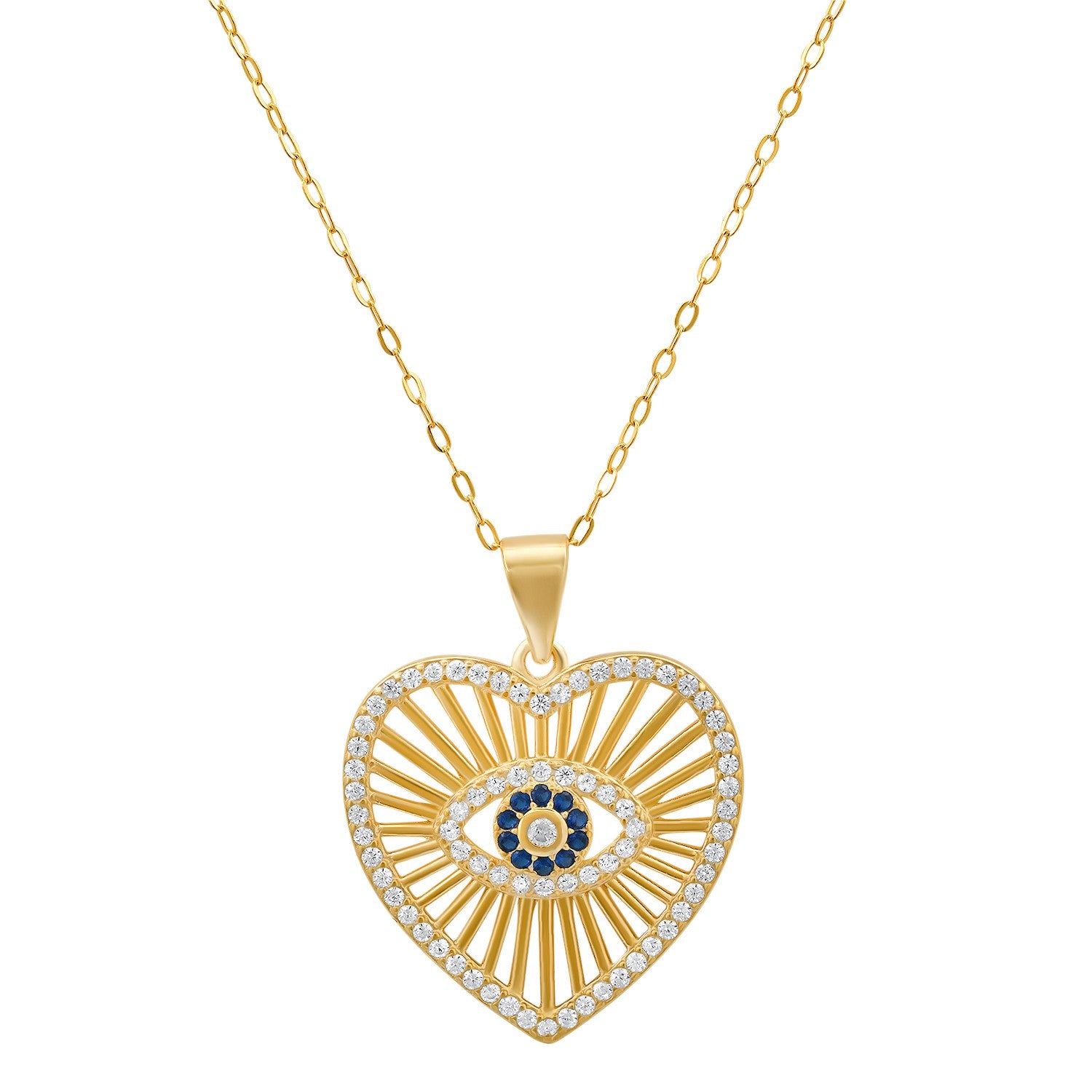 14k Gold Over Silver CZ Evil Eye Heart Necklace - Ruumur