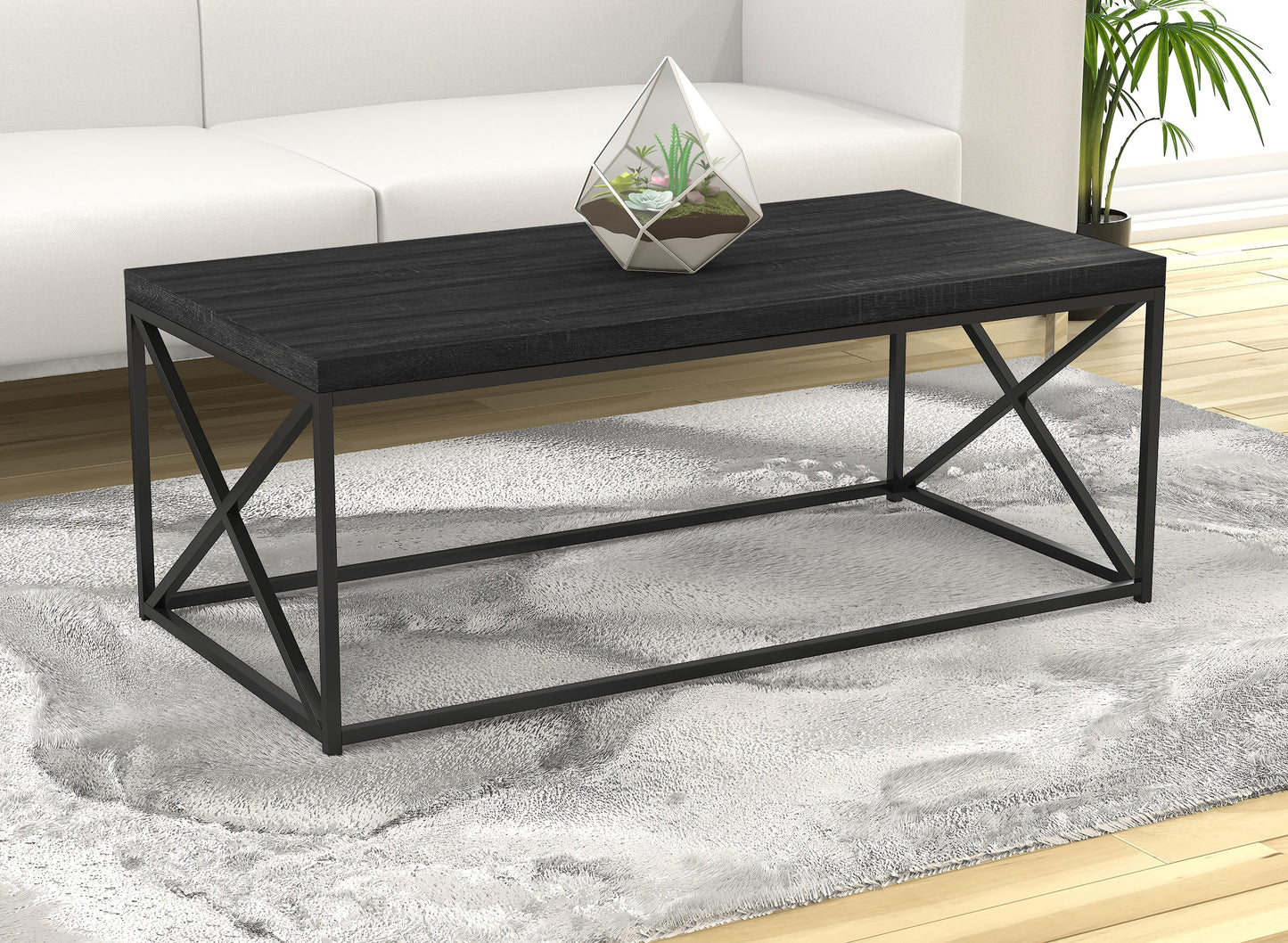 Safdie & Co. Coffee Table 44" Dark Grey Wood Black Metal, Central Table for Living Room