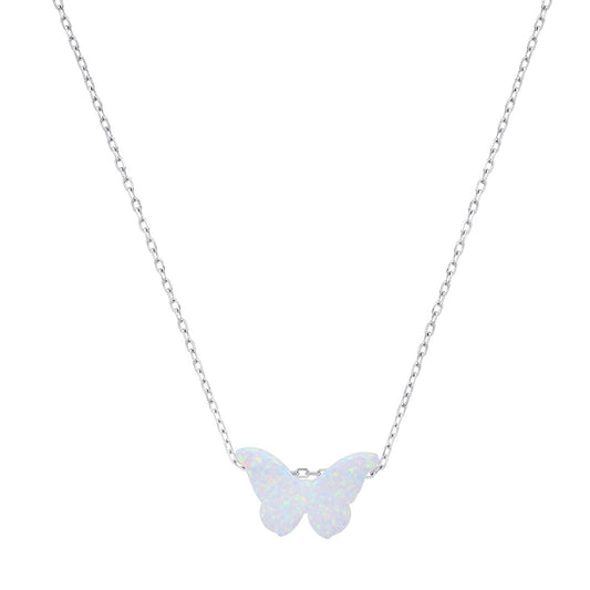 title:Sterling Silver Opal Butterfly Necklace;color:White Opal