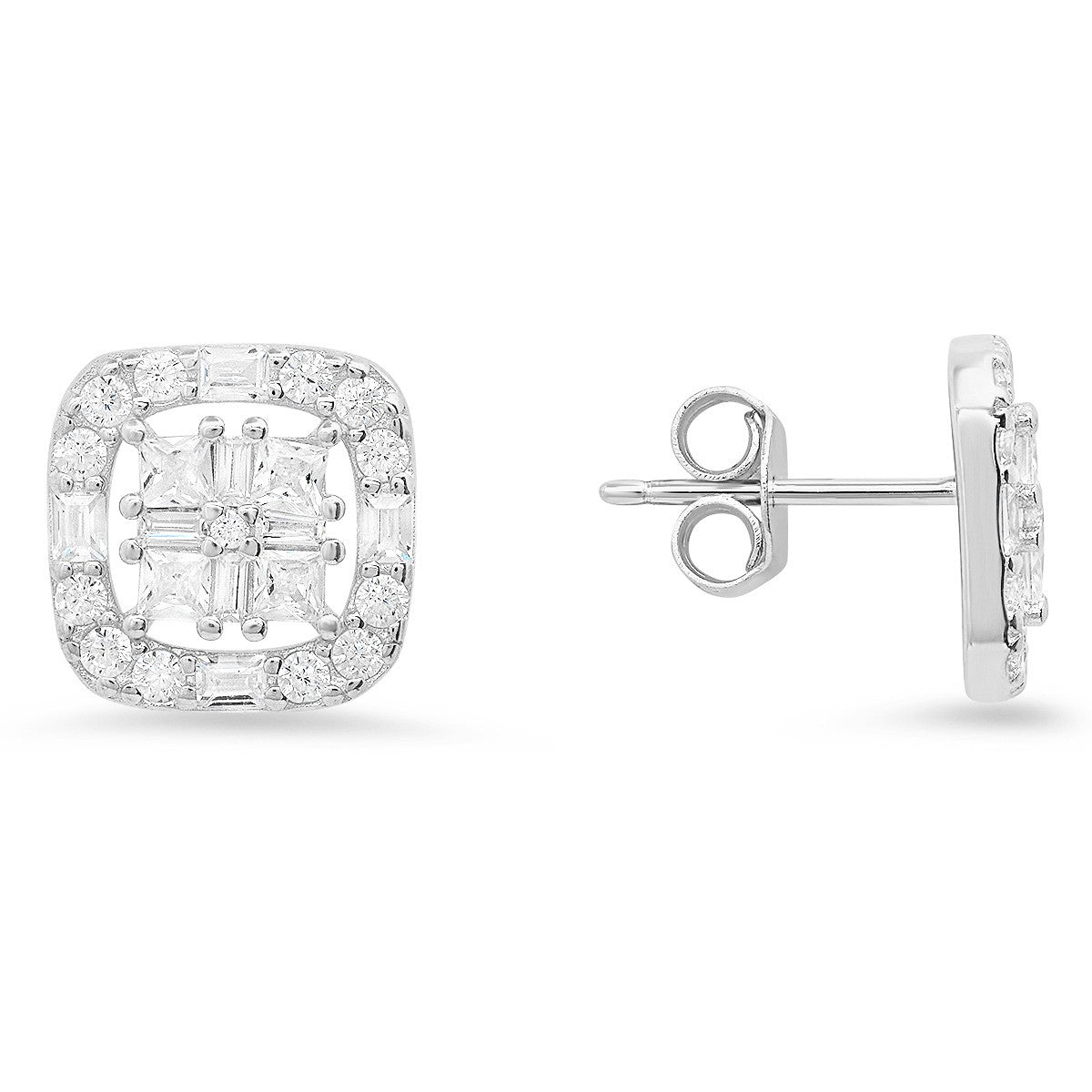 title:Sterling Silver Princess/Baguette CZ Halo Stud Earrings;color:Silver