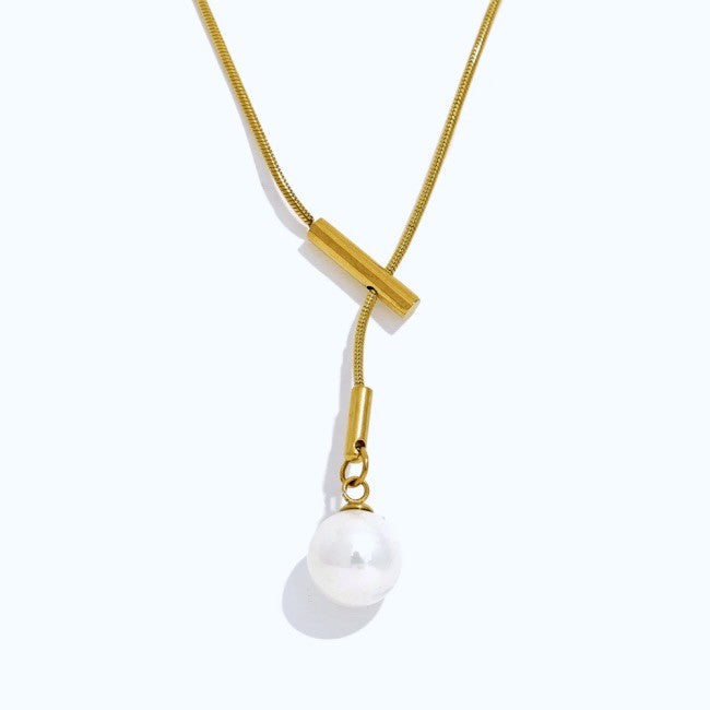 title:Snake Chain Lariat Necklace with Adjustable Pearl Drop;color:Gold