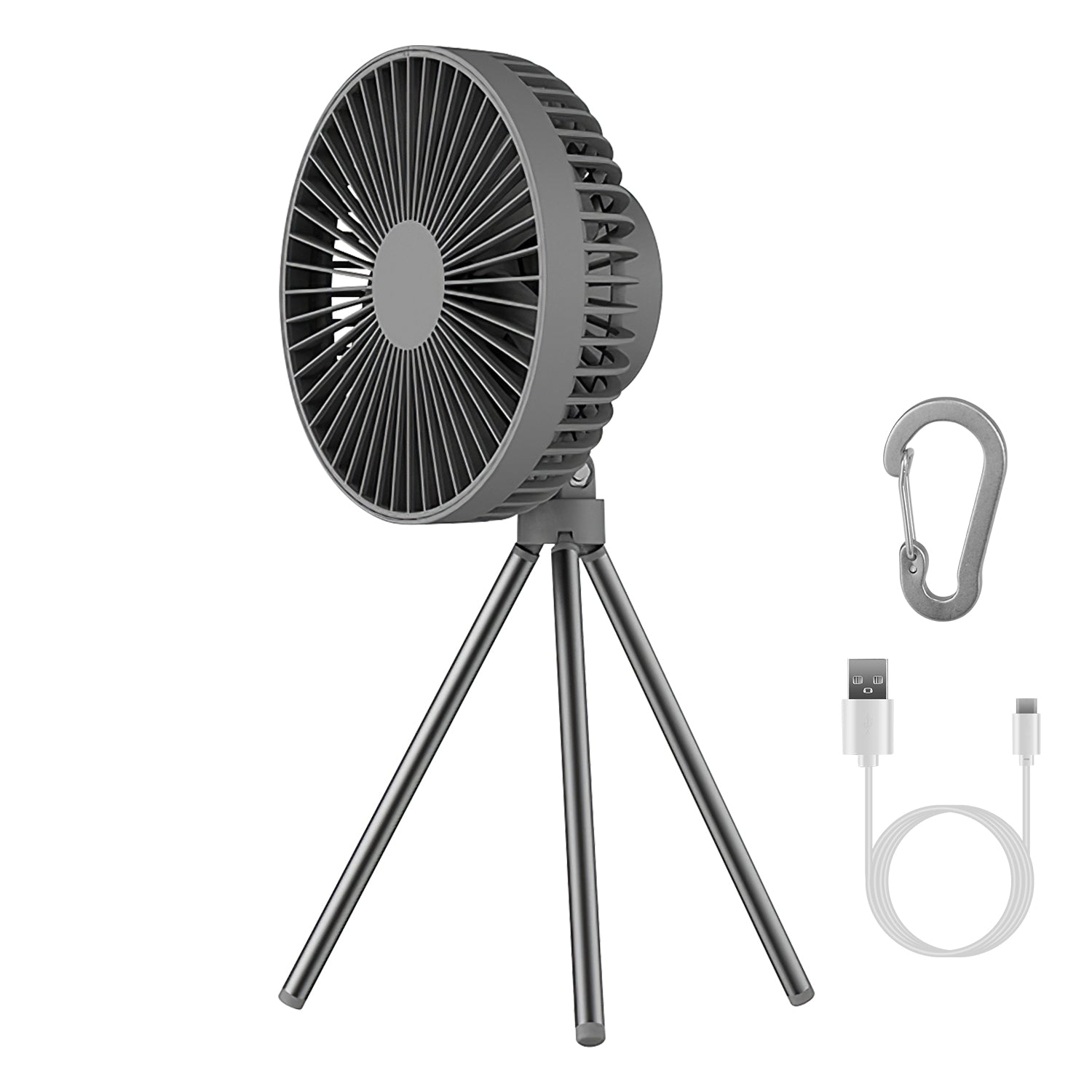 title:Portable Camping Fan Rechargeable Battery Powered Foldable Tripod Fan for Tent with Hanging Hook Carabiner Personal Desk Fan with 3 Speed Setting for;color:Gray