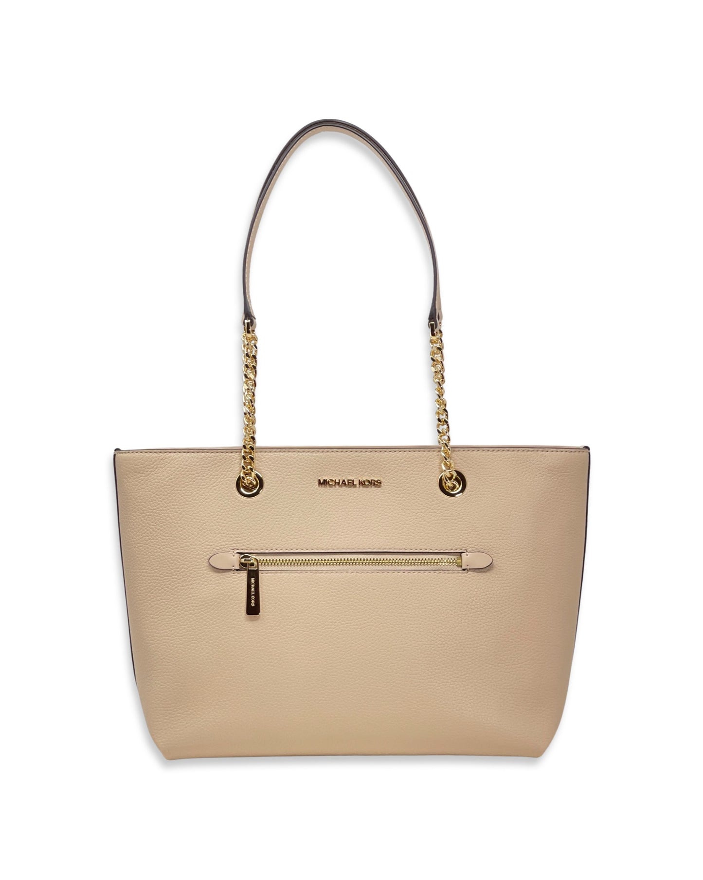 title:Michael Kors Jet Set Medium Pebbled Leather Chain Tote Bag;color:Buff