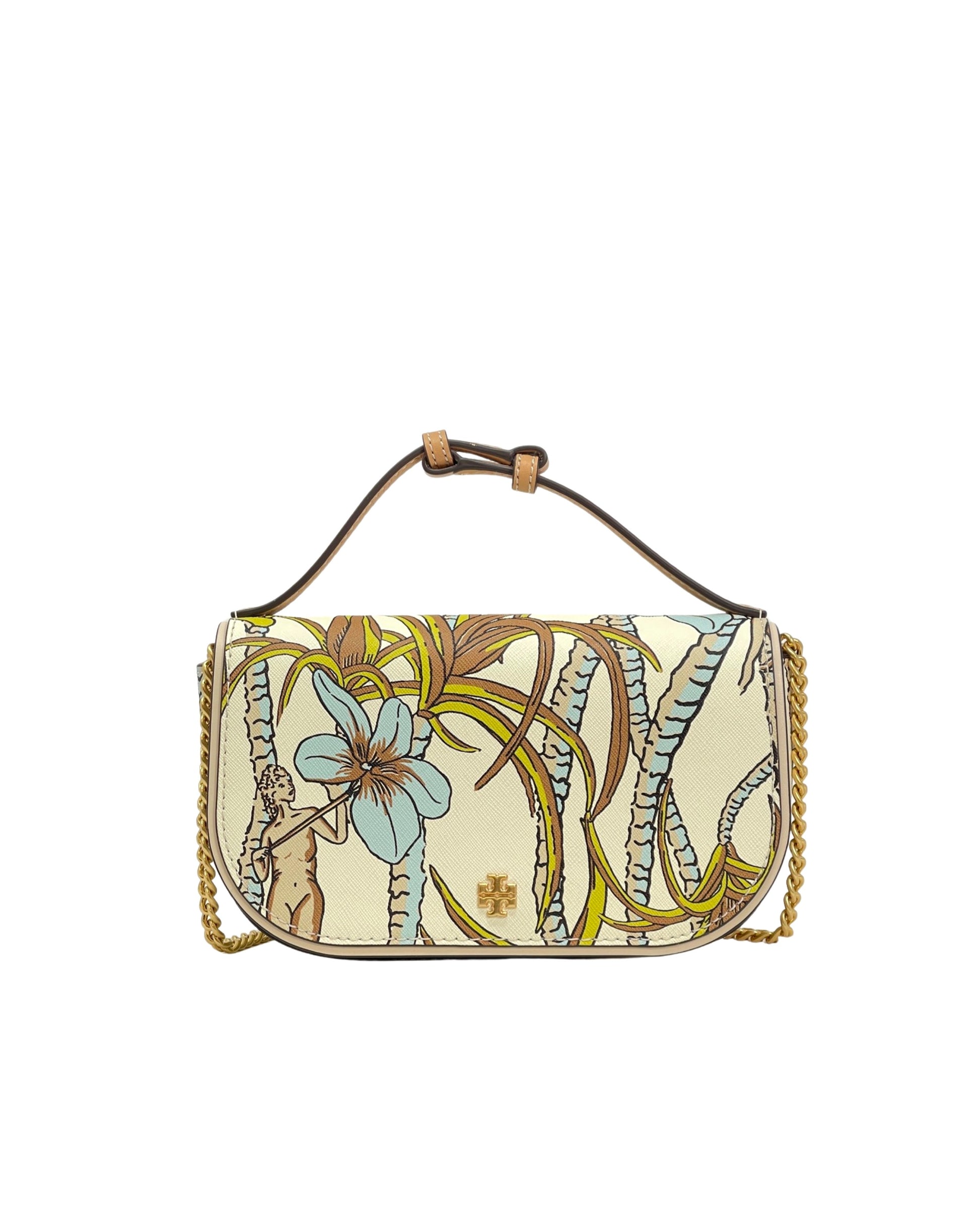 title:Tory Burch Cream Brown Climbing Palms Emerson Printed Top Handle Crossbody;color:Cream Brown Climbing Palms