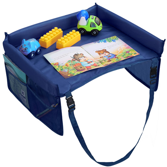 title:Kids Safety Travel Tray Waterproof Car Seat Play Tray Baby Drawing Board Snack Table Tablet Toy Holder;color:Blue