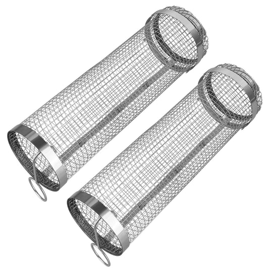 title:2Pcs 3.42x11.61Inch Portable BBQ Rolling Basket Round Stainless Steel Grill Mesh Barbecue Net Tube with Removable Cover Outdoor Camping;color:not applicable