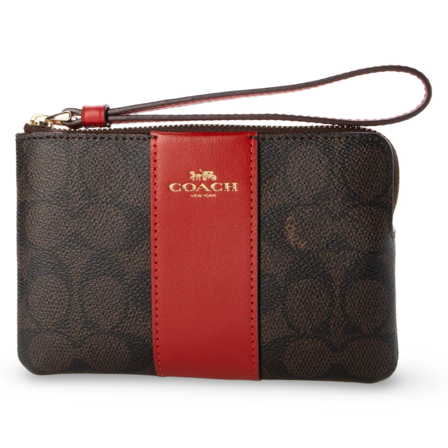 title:Coach Women's Corner Zip Wristlet In Signature Canvas;color:Walnut / Bold Red