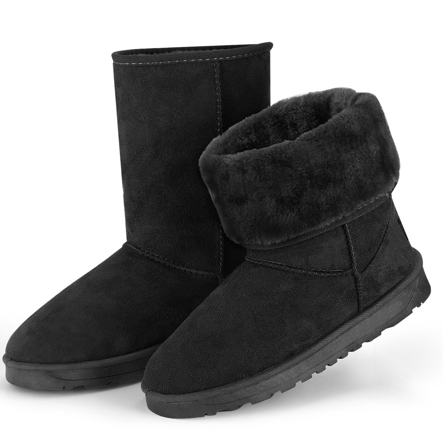 title:Women Ladies Snow Boots Waterproof Faux Suede Mid-Calf Boots Fur Warm Lining Shoes;color:Black