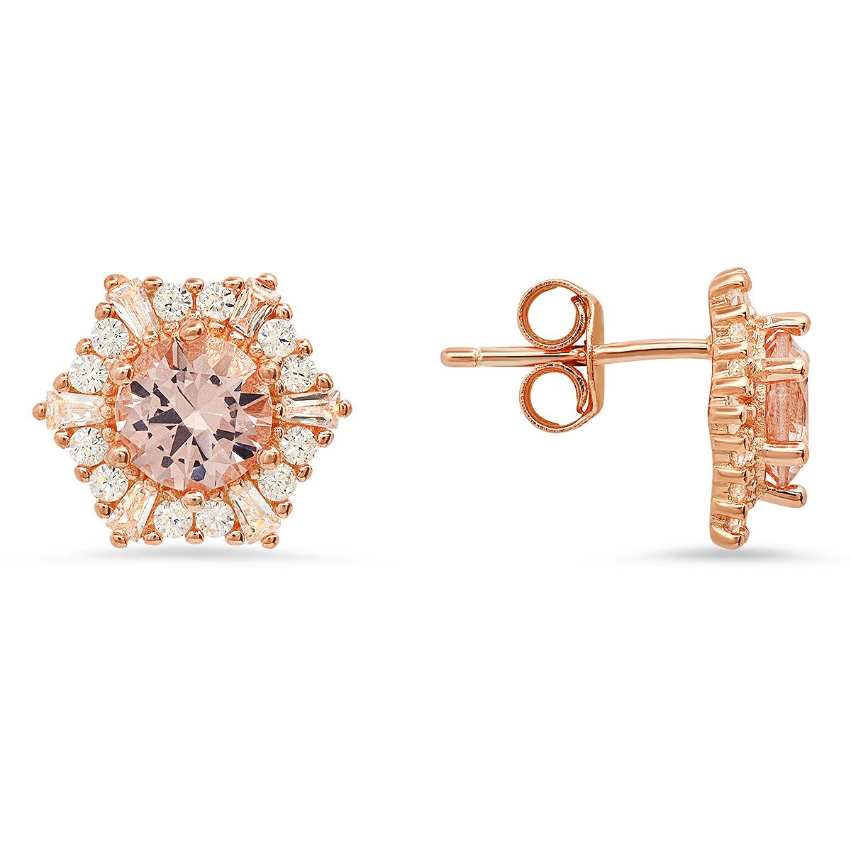 title:14k Rose Gold Over Silver Hexagon Morganite CZ Halo Stud Earrings;color:not applicable