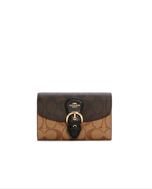 title:Coach Women's Khaki & Brown Multi Kleo Wallet In Blocked Signature Canvas;color:Khaki / Brown Multi