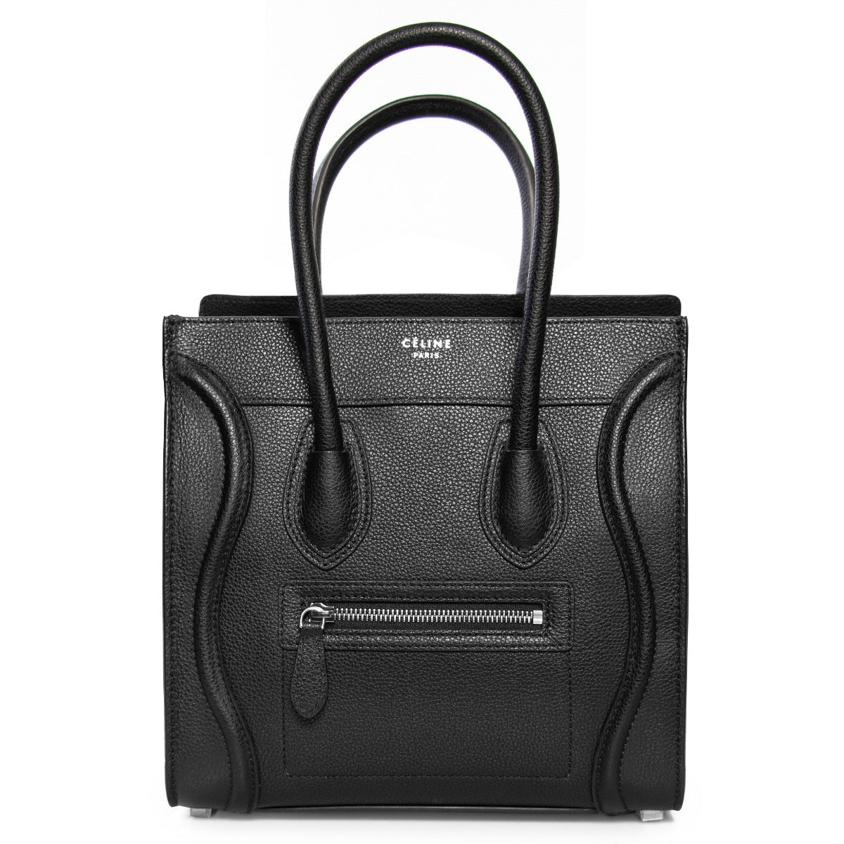 title:Celine Micro Luggage Tote Bag | Black Drummed Calfskin with Silver Hardware;color:Black