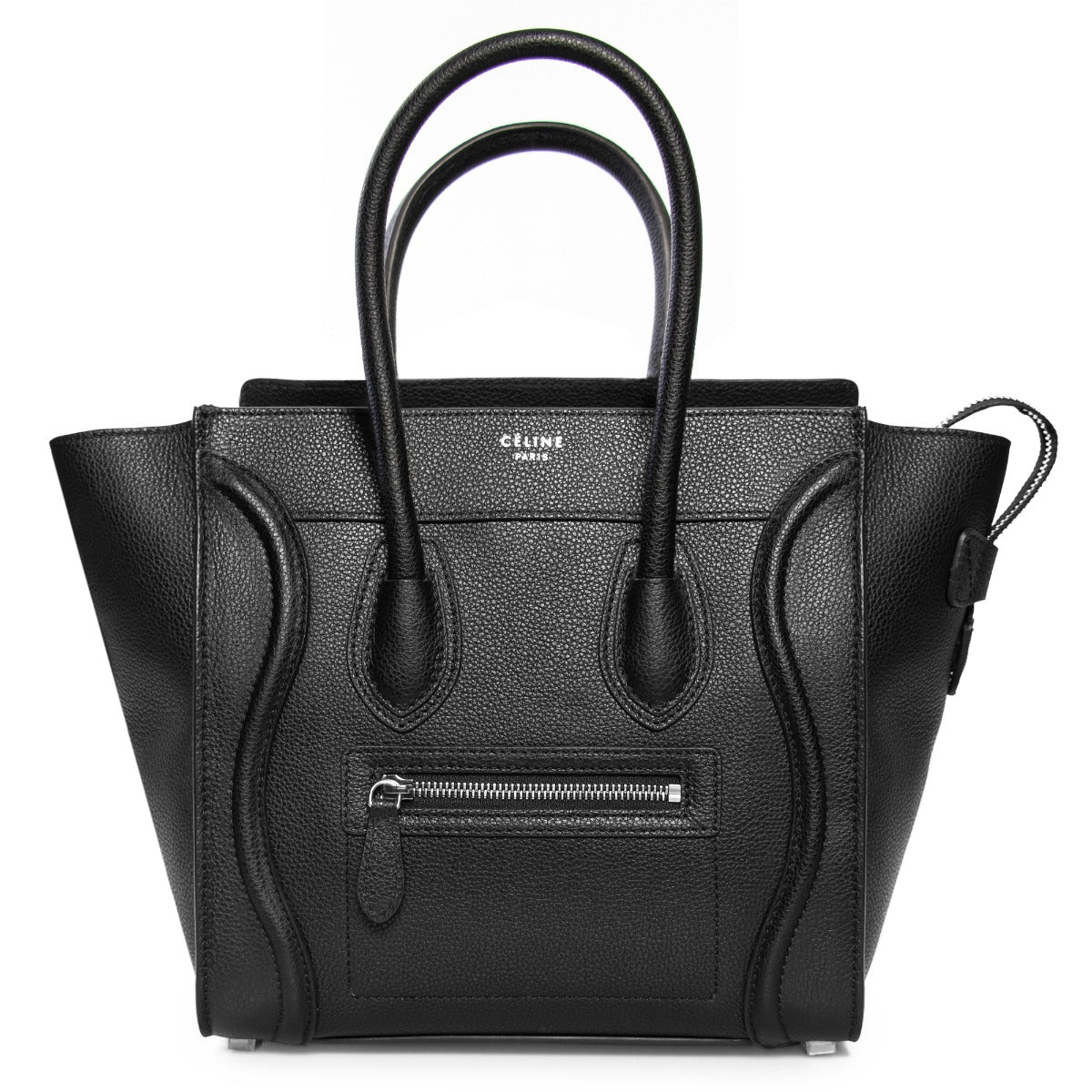 title:Celine Micro Luggage Tote Bag | Black Drummed Calfskin with Silver Hardware;color:Black