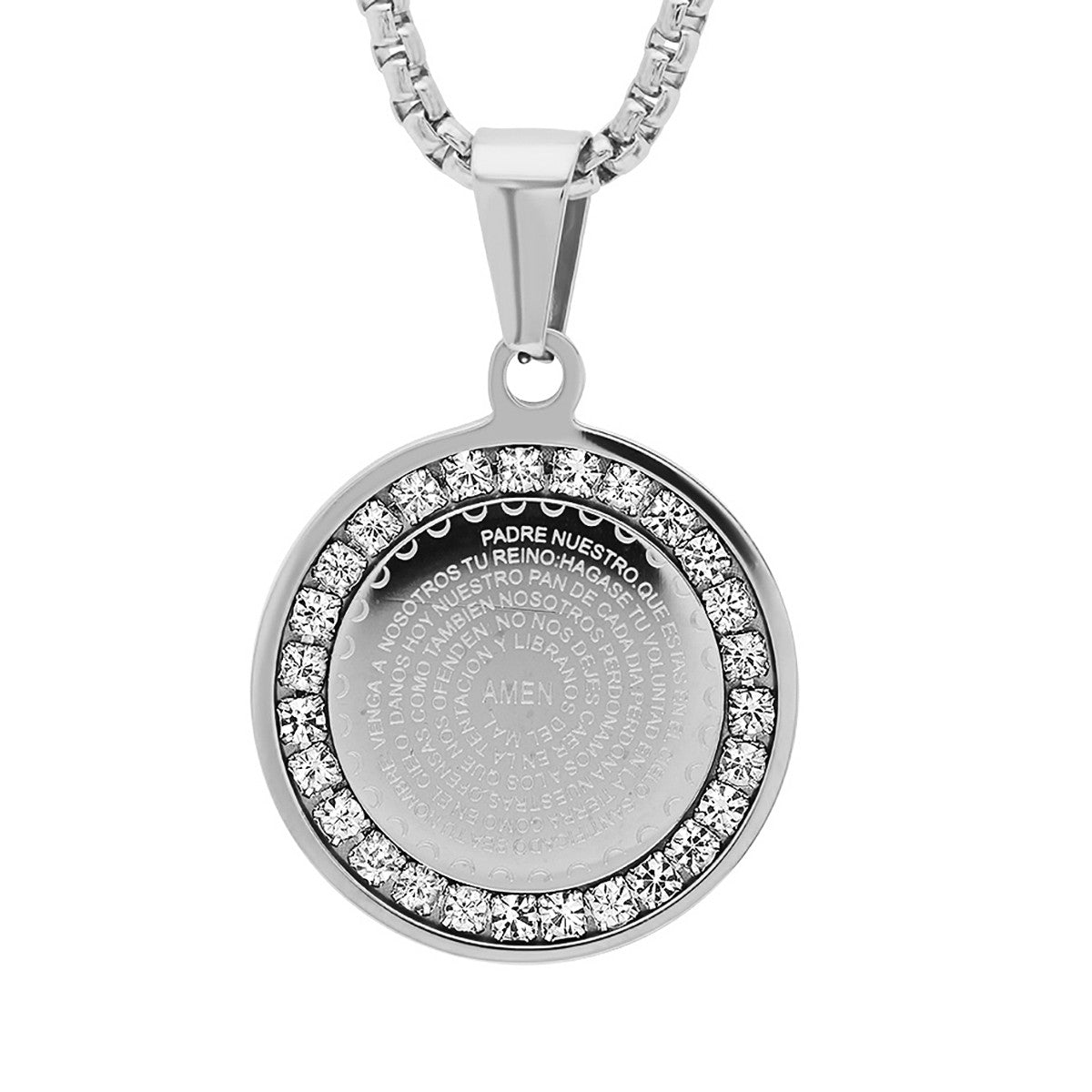 SteelTime SteelTime Women's Stainless Steel Padre Nuestro Prayer Round Pendant With Simulated Diamonds