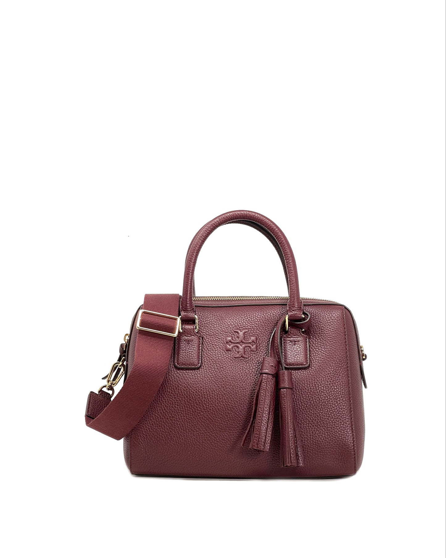 title:Tory Burch Claret Thea Web Small Satchel;color:Claret