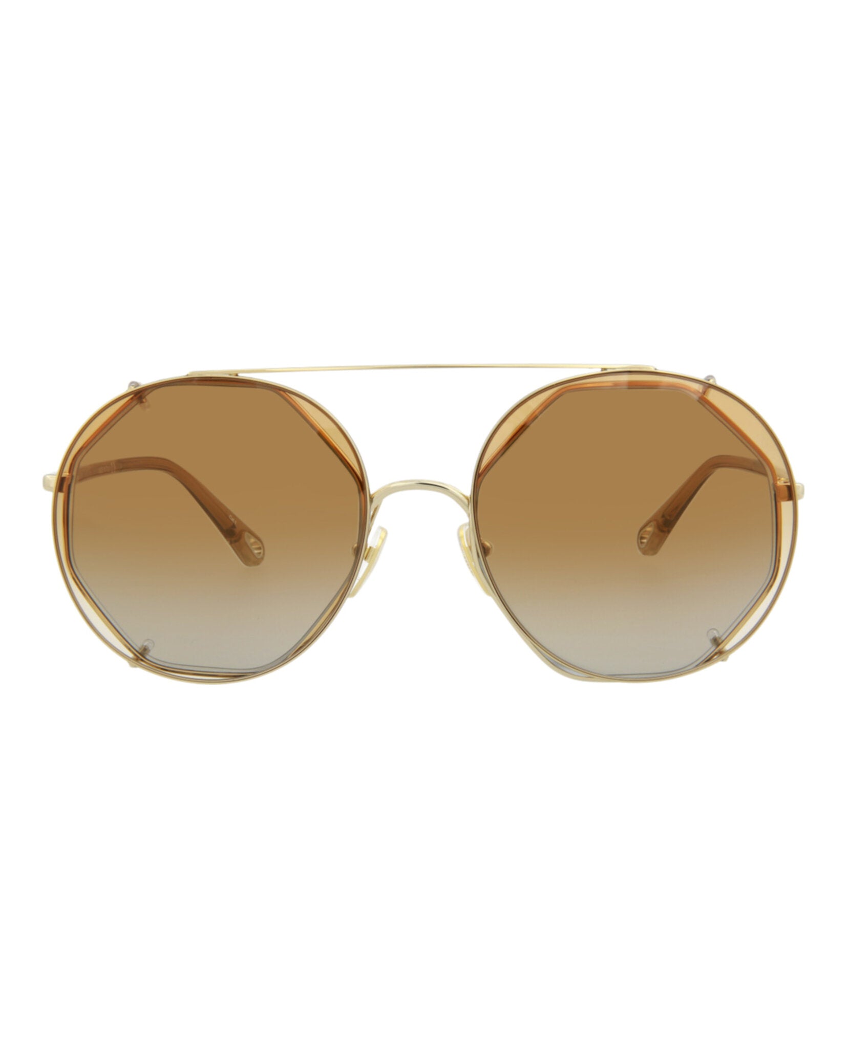 title:Chloe Round-Frame Metal Sunglasses, style # CH0041S-30009770002;color:Gold Brown Orange