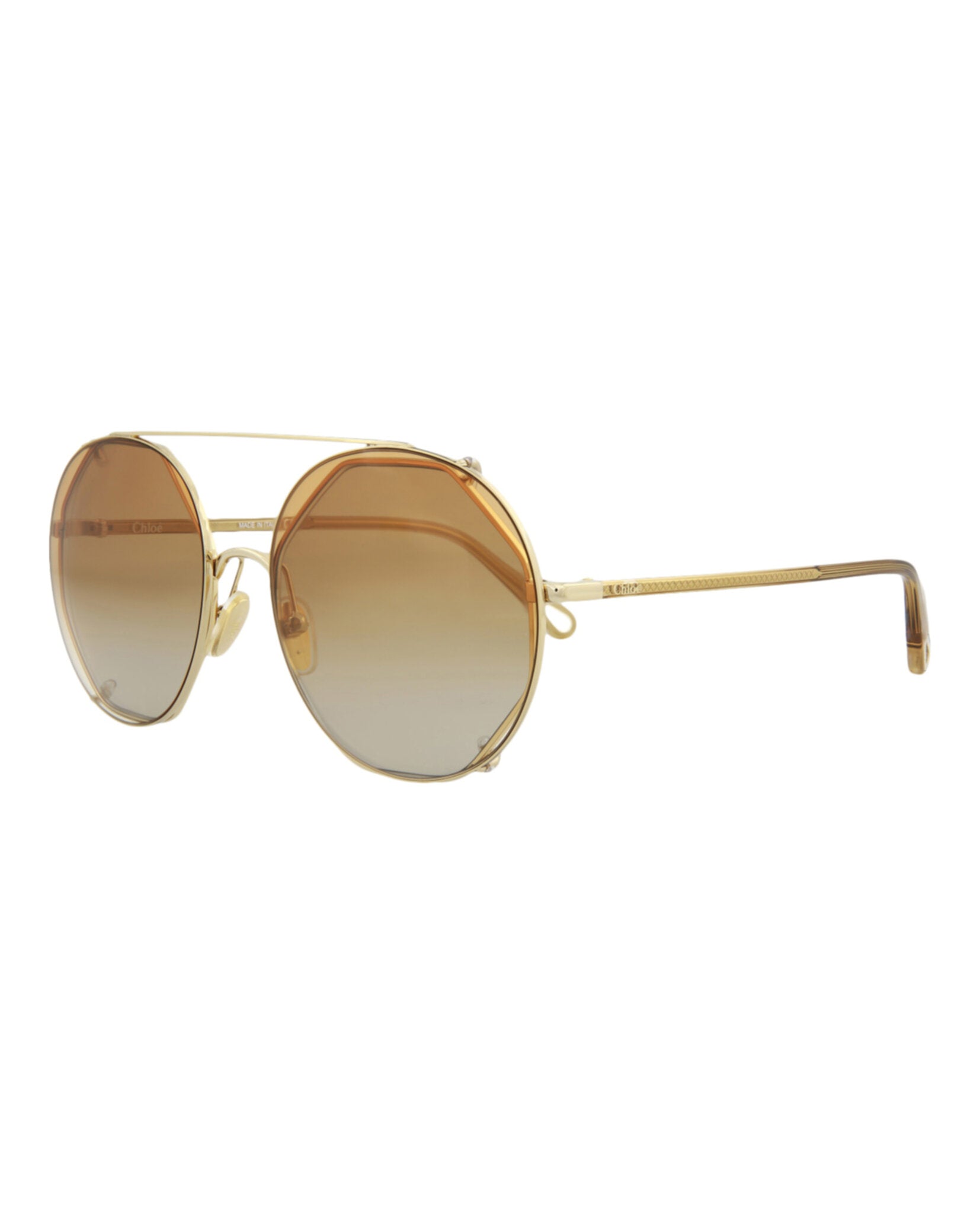 title:Chloe Round-Frame Metal Sunglasses, style # CH0041S-30009770002;color:Gold Brown Orange