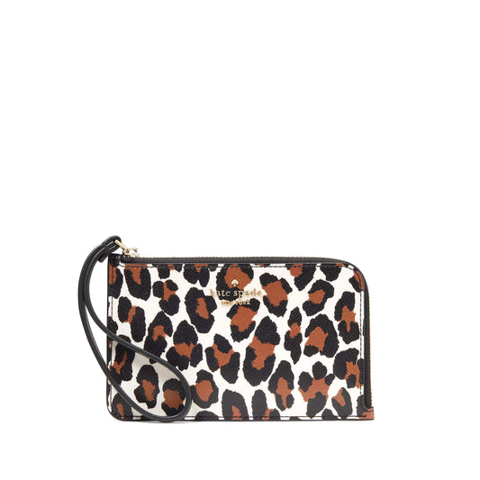 title:Kate Spade Women's Lucy Leopard Small L-Zip Wristlet;color:Cream Multi