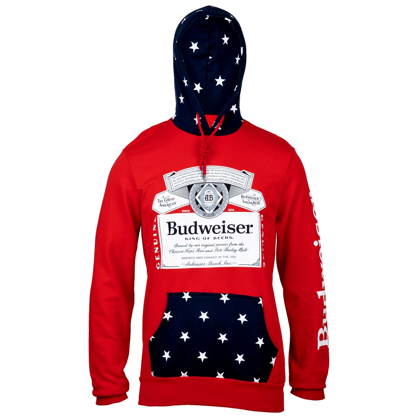 title:Budweiser Bottle Label and Patriotic Stars Hoodie;color:Red