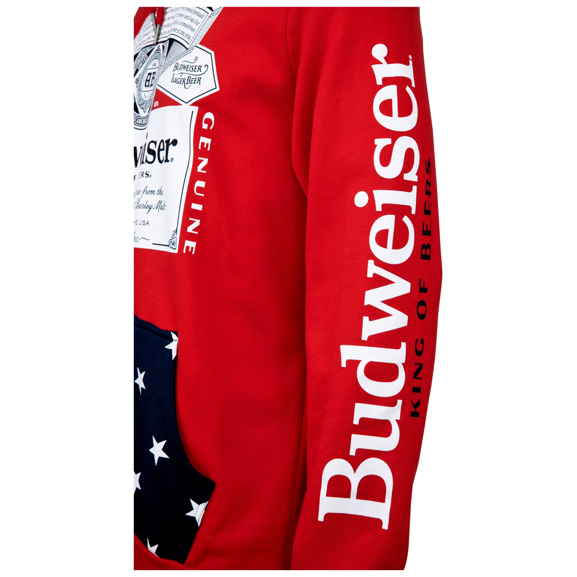 title:Budweiser Bottle Label and Patriotic Stars Hoodie;color:Red