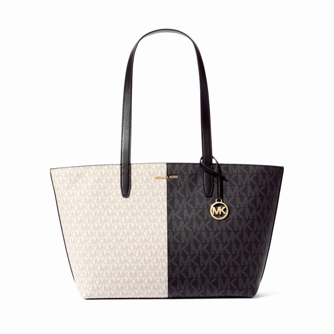 title:Michael Kors Women's Jet Set Travel Logo Print Canvas Medium Zip Top Tote;color:Black Multi