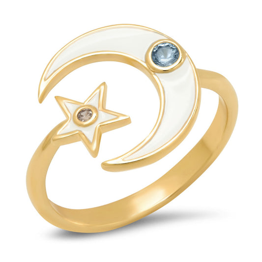 Enamel Star and Moon Open Ring