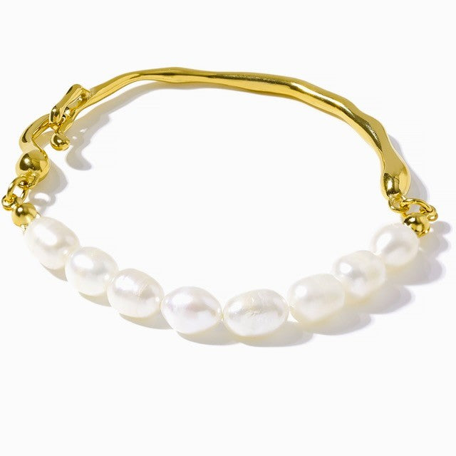 title:18K Gold Plated Organic Gold Bangle with Freshwater Pearl Accents;color:Gold