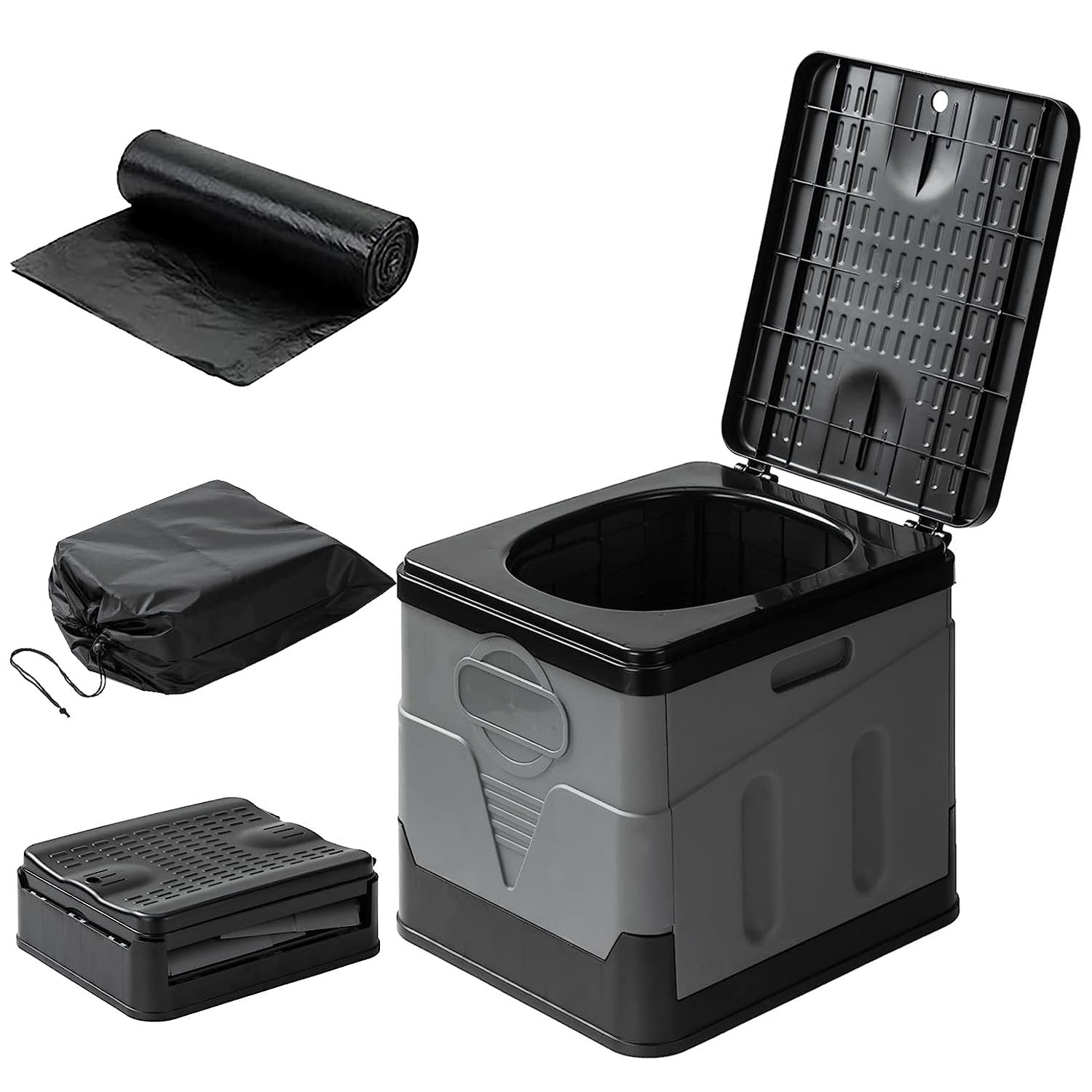 title:Portable Toilet for Car Camping Boating Hiking Outdoor Travel Potty with Carry Bag Foldable Emergency Toilet with Lid Trash Bags;color:Black