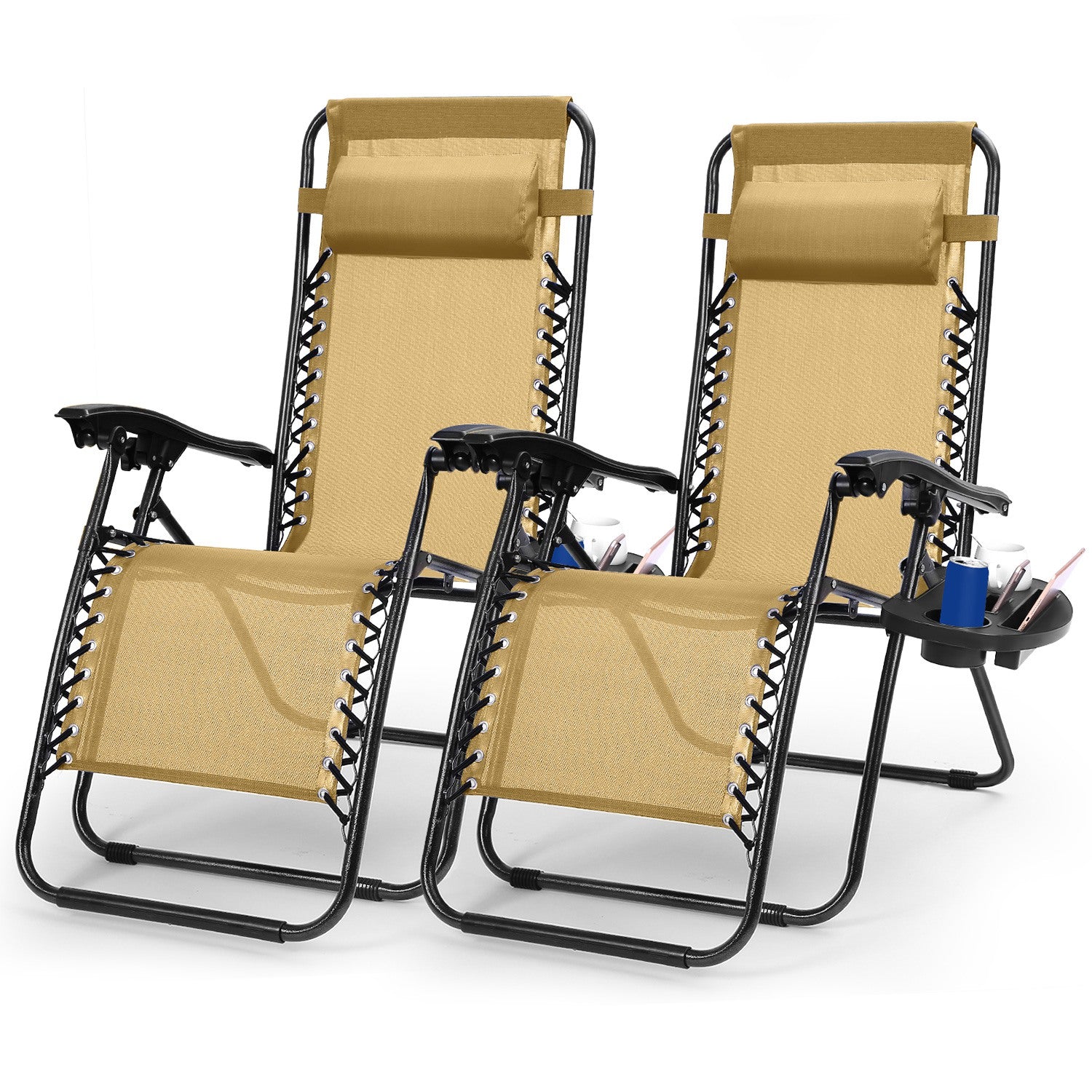 title:2Packs Zero Gravity Lounge Chair w/ Dual Side Tray 330lbs Load Foldable Recliner Chair w/ Stress Relief Pillow Patio Poolside Beach Lying Chair;color:Tan