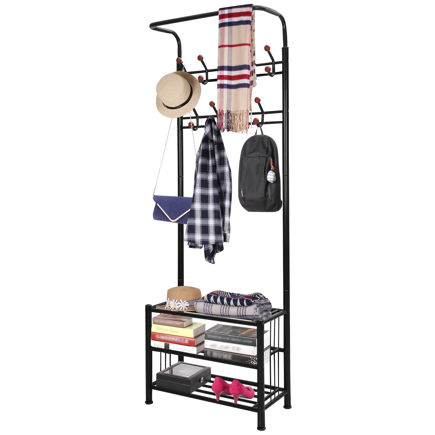 title:Metal Entryway Coat Shoe Rack Hall Tree w/ 3-Tier Shoe Bench Shoe Storage 18 Hooks Coat Hat Rack;color:Black