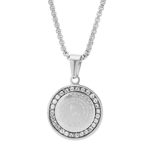 Serenity Prayer Round Pendant With Simulated Diamonds