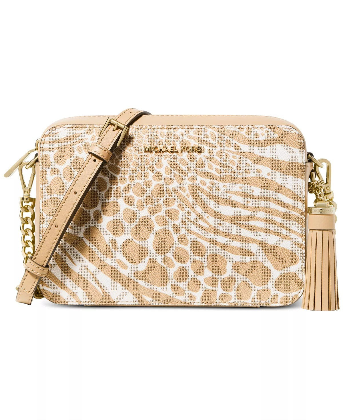 title:Michael Kors Women's Camel Multi Signature Jet Set Camera Crossbody Bag;color:Camel Multi