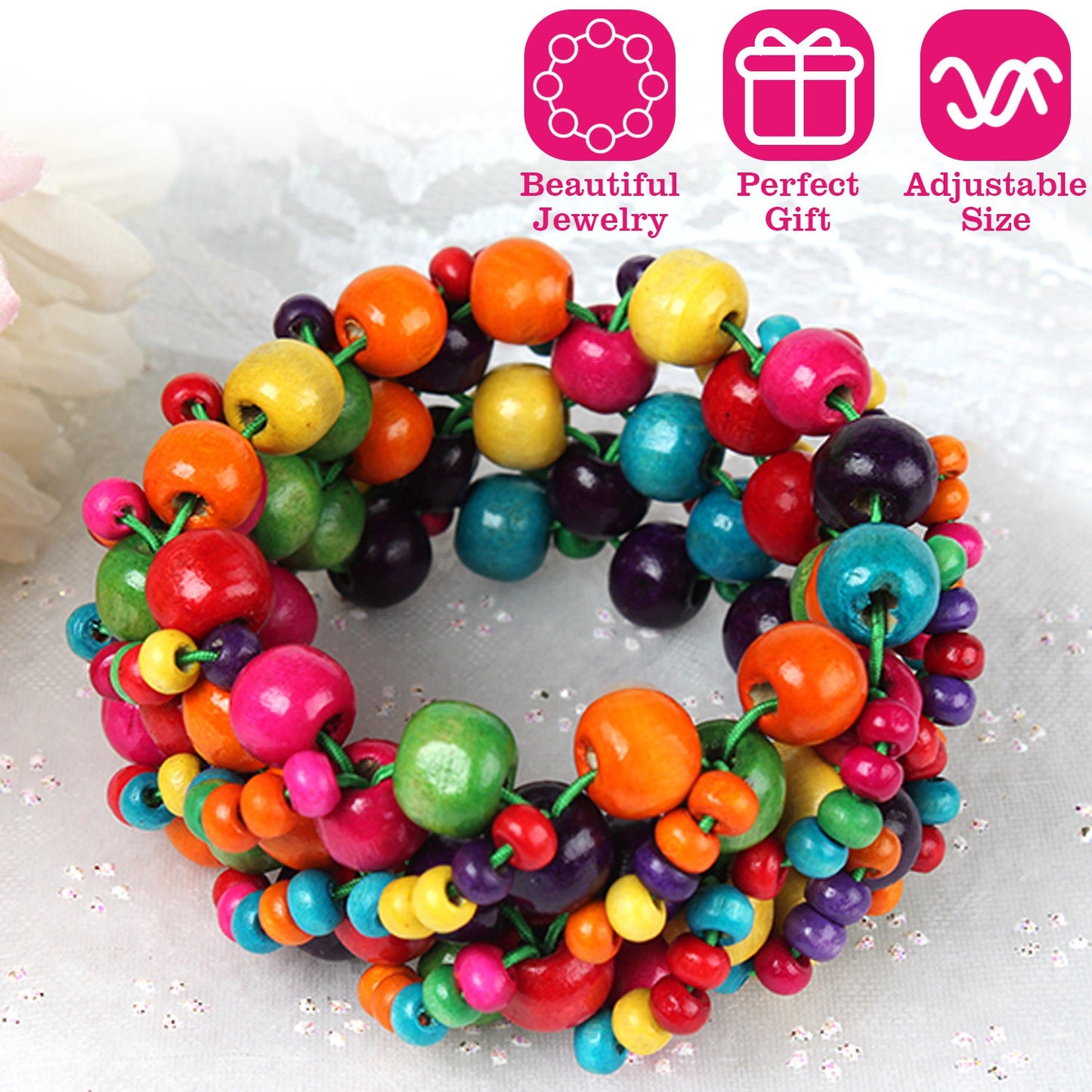 title:Multi-Color Wooden Beaded Stretchy Bracelet Colorful Exotic Style Elastic Bracelets For Women Girls Children;color:Multi