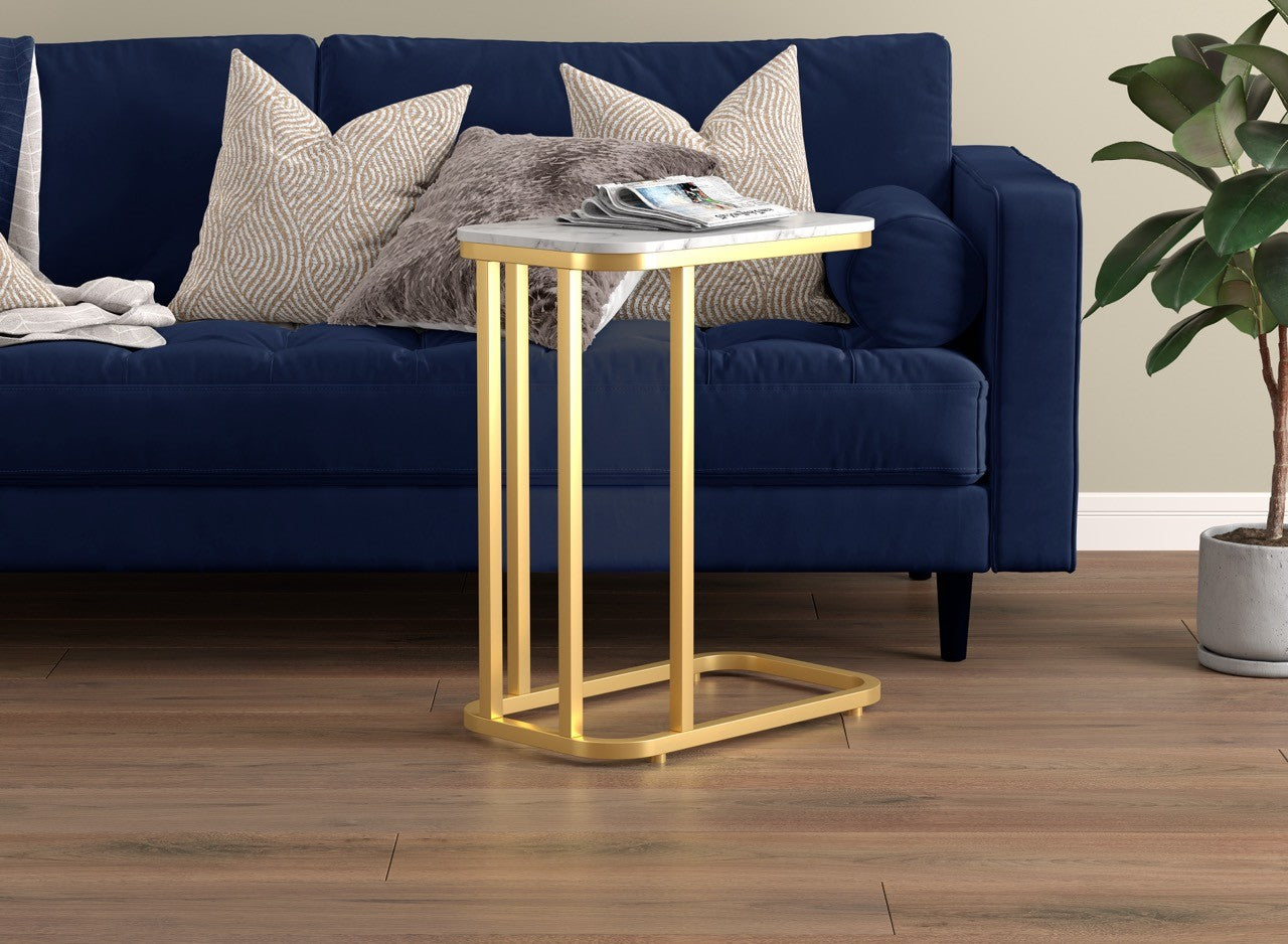 Safdie & Co. End Side Table 19" C-Shaped Rounded Marble Gold Metal