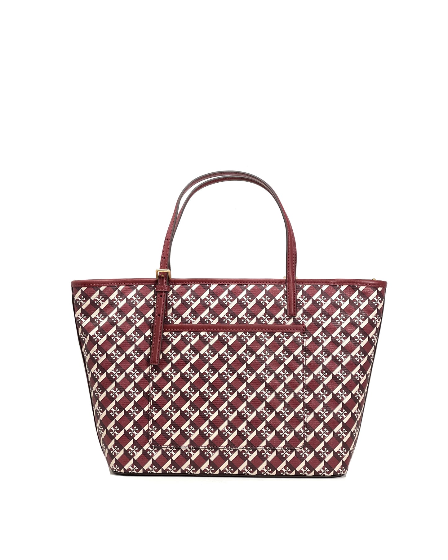 Tory Burch Crimson Red Geo Logo Allover Geo Logo Mini Zip Top Tote