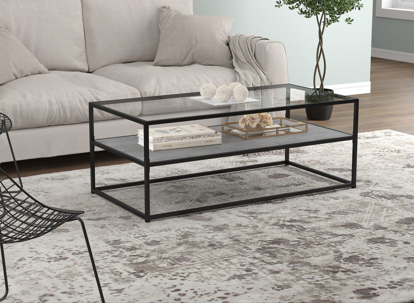 Safdie & Co. Coffee Table 47.25L Dark Cement 1 Shelf Glass Top Black Metal