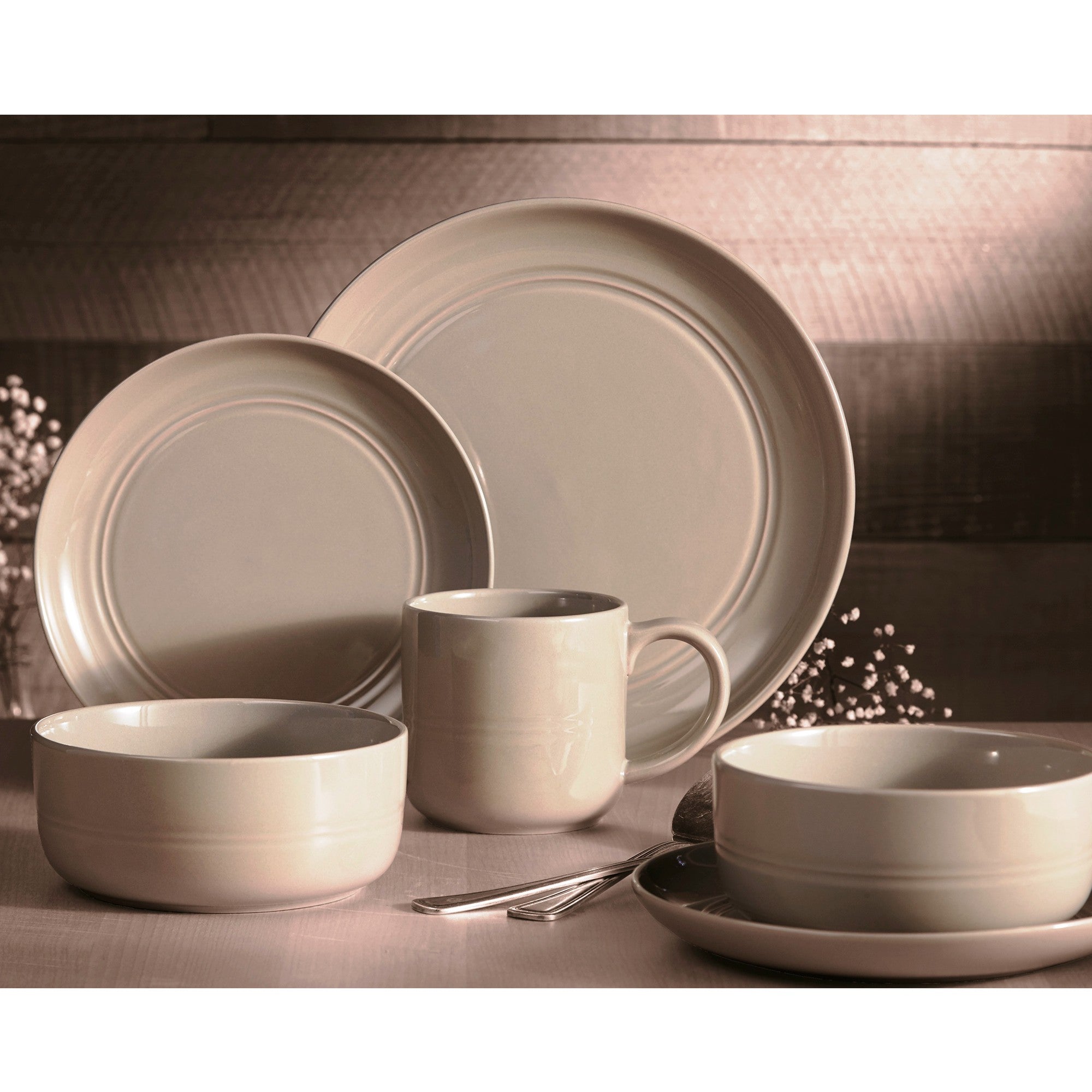 title:Safdie & Co. Dinnerware Set 16Piece Grey Stoneware Ridge, Service for 4;color:Grey