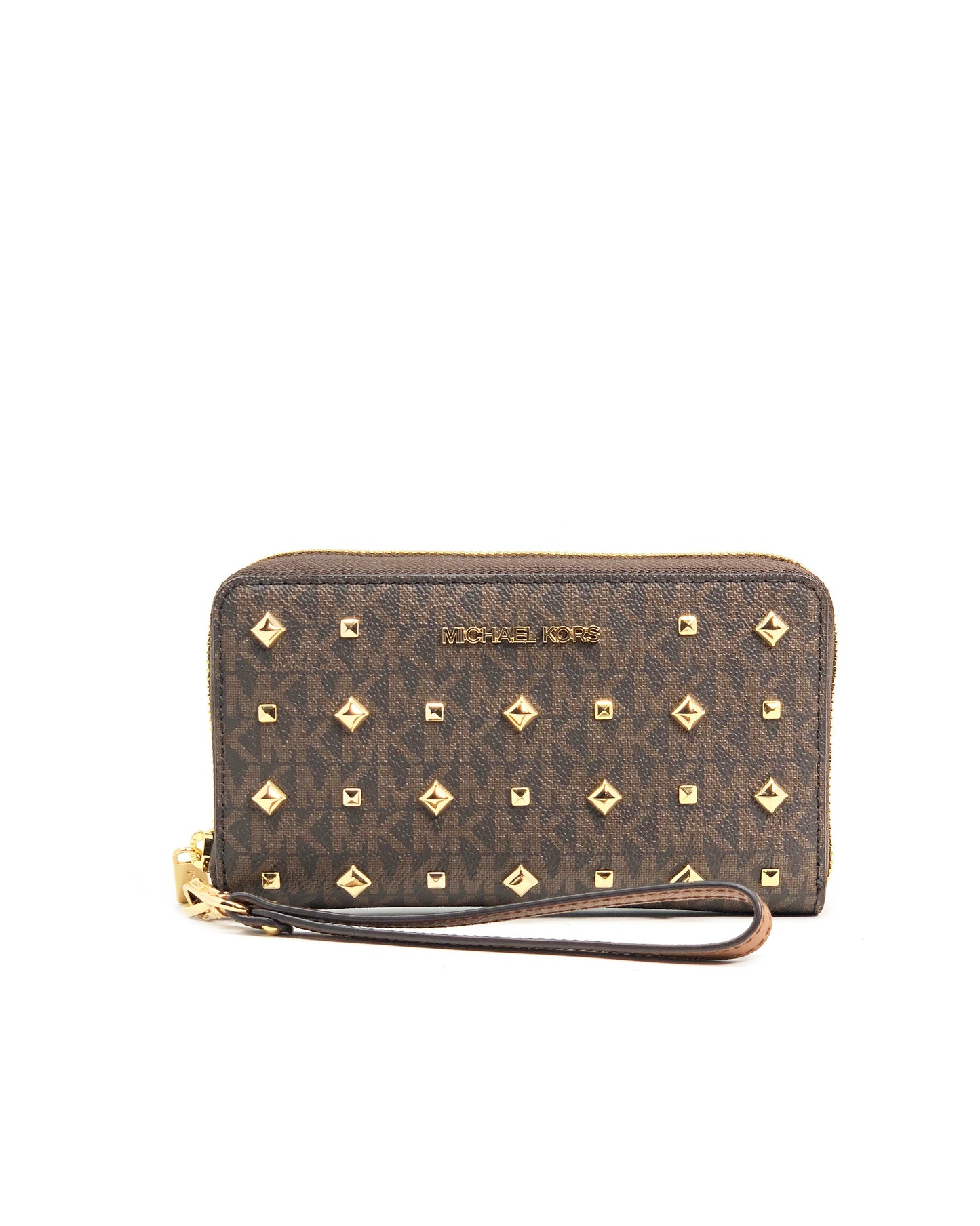 title:Michael Kors Women's Brown Jet Set Travel Studded Multifunction Phone Case;color:Brown