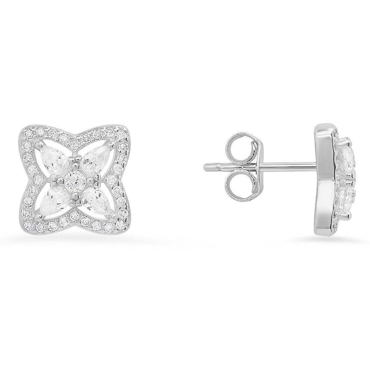 title:Sterling Silver Pear-cut CZ Flower Stud Earrings;color:Silver