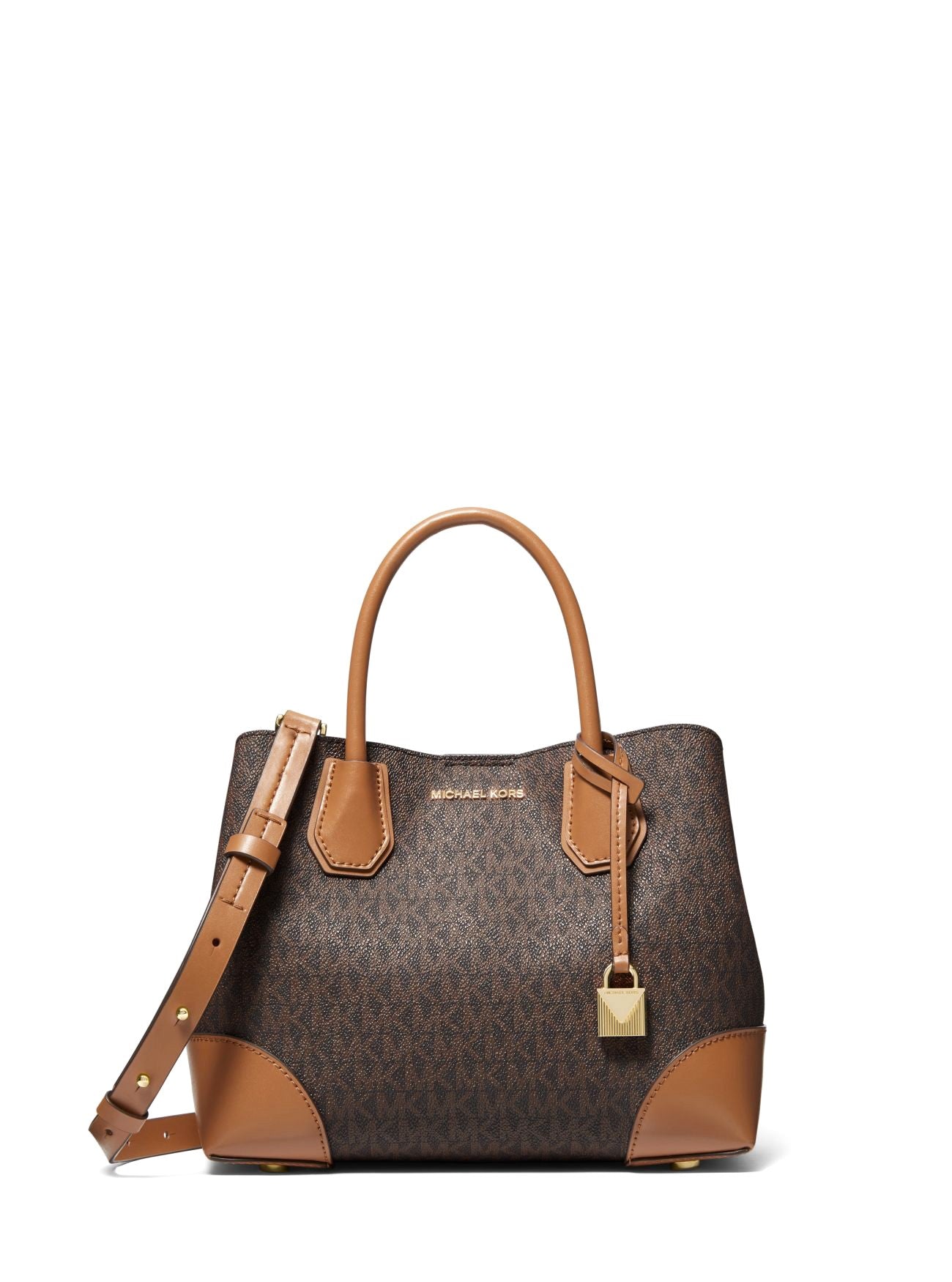 title:Michael Kors Women's Brown & Acorn Mercer Gallery Small Signature Logo Satchel;color:Brown / Acorn