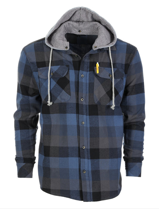 Gioberti Men's Blue / Gray / Black Removable Hoodie Plaid Checkered Flannel Button Down Shirt