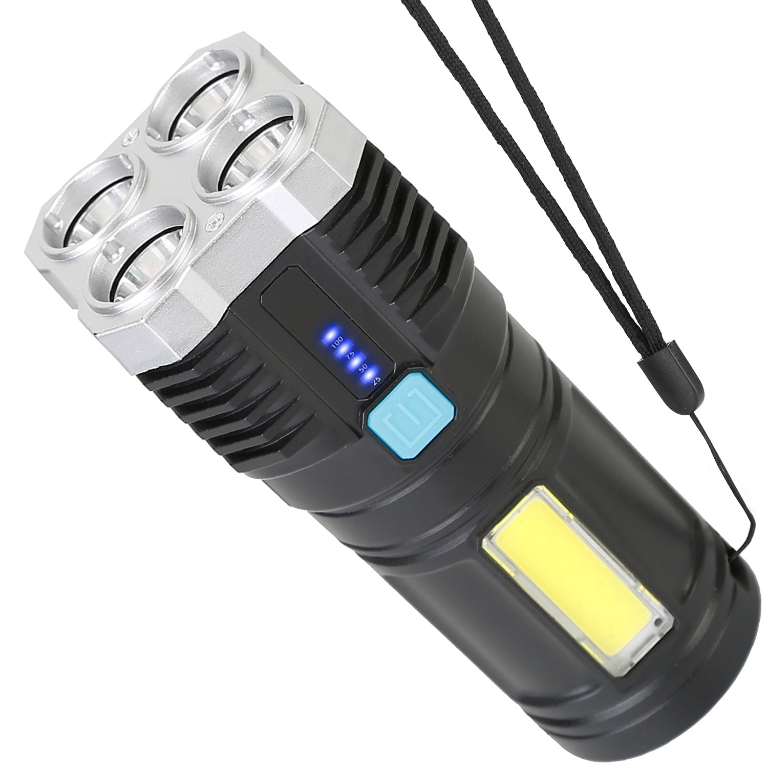 title:Rechargeable Flashlight LED Floodlight Torch w/Strap Super Bright Flashlight w/4 Light Modes for Emergency Camping;color:Black