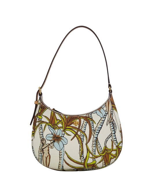 title:Tory Burch Cream Brown Climbing Palms Emerson Printed Zip Shoulder Bag;color:Cream Brown Climbing Palms