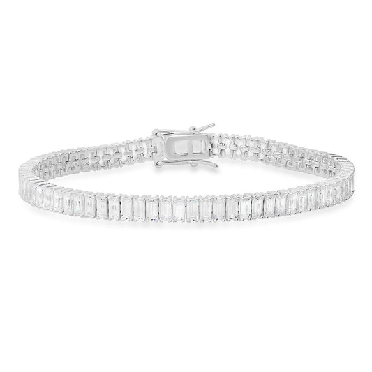 title:Sterling Silver 7.25" Baguette-cut CZ Tennis Bracelet;color:Silver