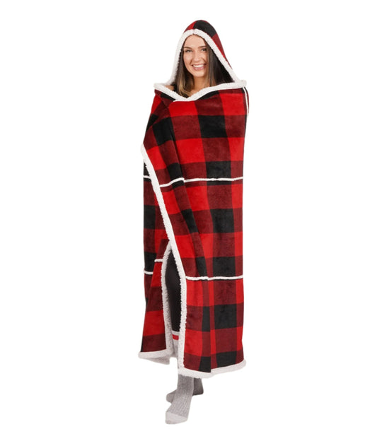 Hooded Throw Printed Flannel Red Buffalo Plaid