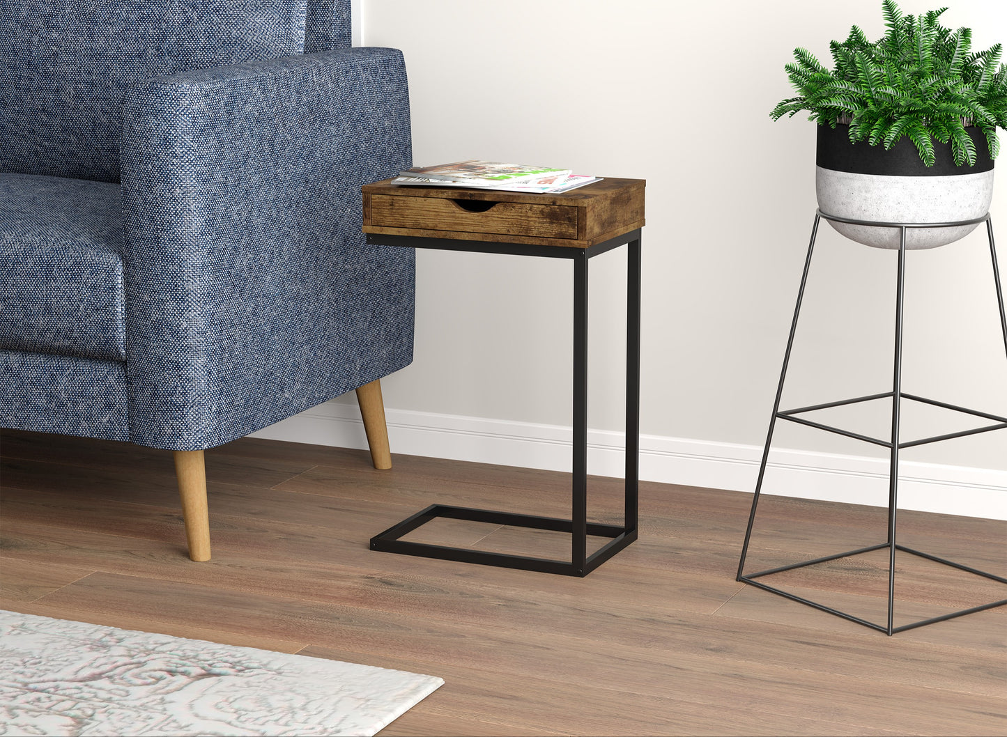 Safdie & Co. End Side Table 15.75" C-Shaped Brown Reclaimed Wood 1 Drawer Black Metal