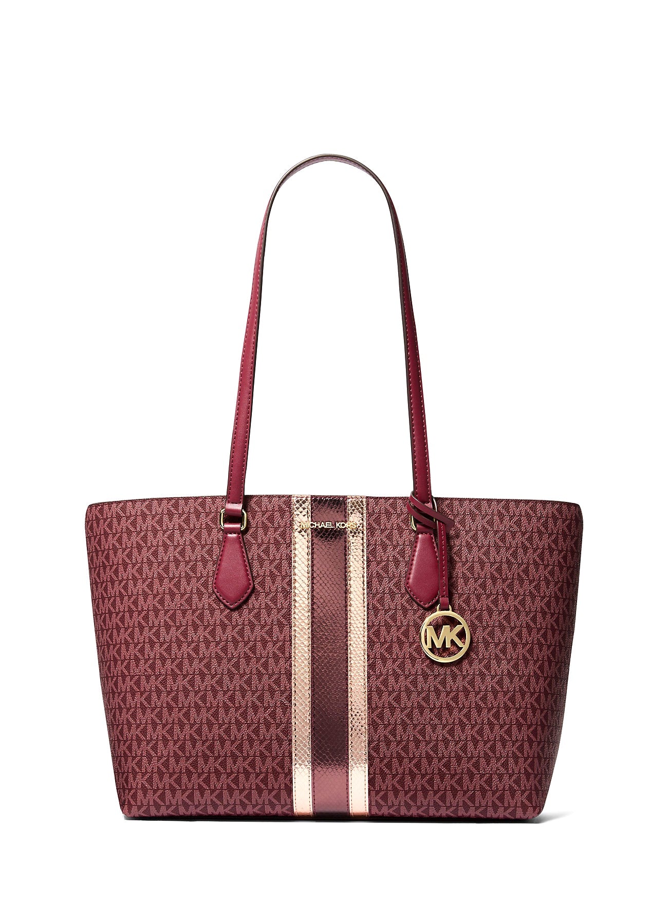 title:Michael Kors Women's 	
Sheila Large Signature Logo and Metallic Tote Bag;color:Oxblood